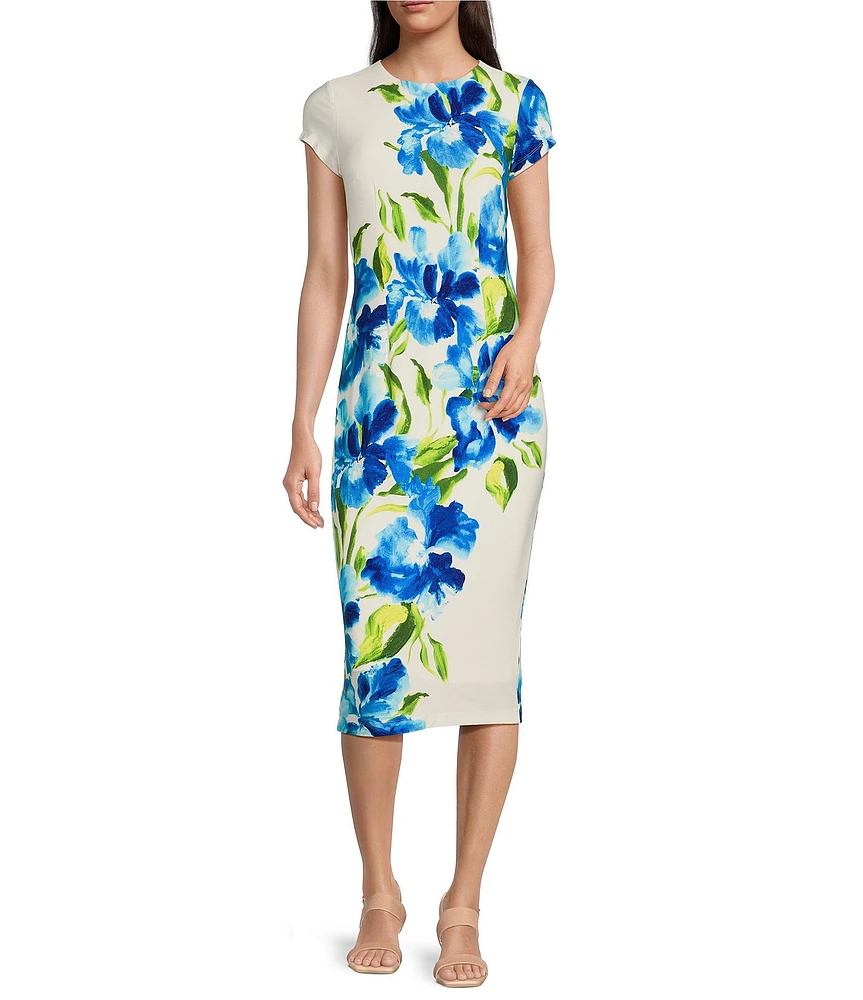 Maggy London Matte Jersey Floral Print Crew Neck Short Sleeve Sheath Midi Dress
