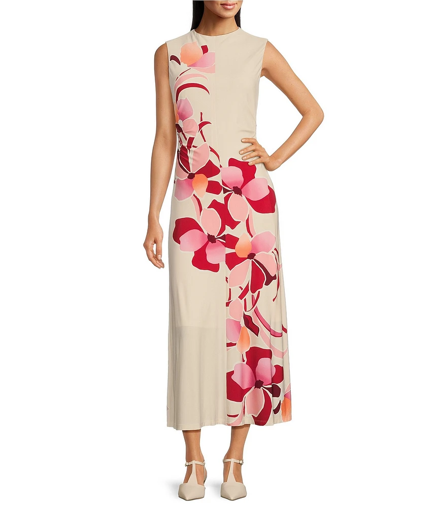 Maggy London Matte Jersey Floral Print Mock Neck Sleeveless Fit and Flare Midi Dress