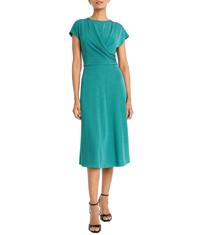 Maggy London Ottoman Jersey Crew Neck Short Sleeves Draped Bodice A-Line Midi Dress