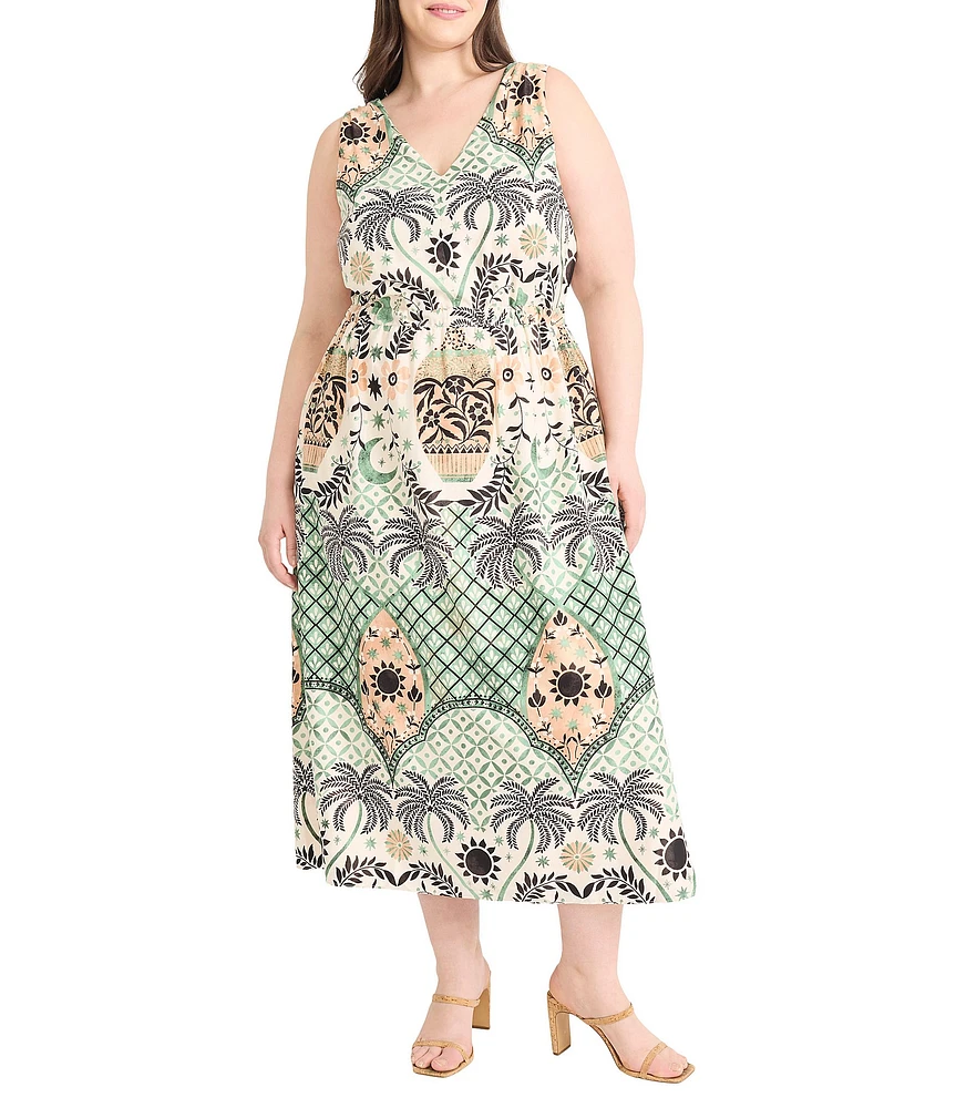 Maggy London Plus Size Palm Tree Print Sleeveless V-Neck A-Line Midi Dress