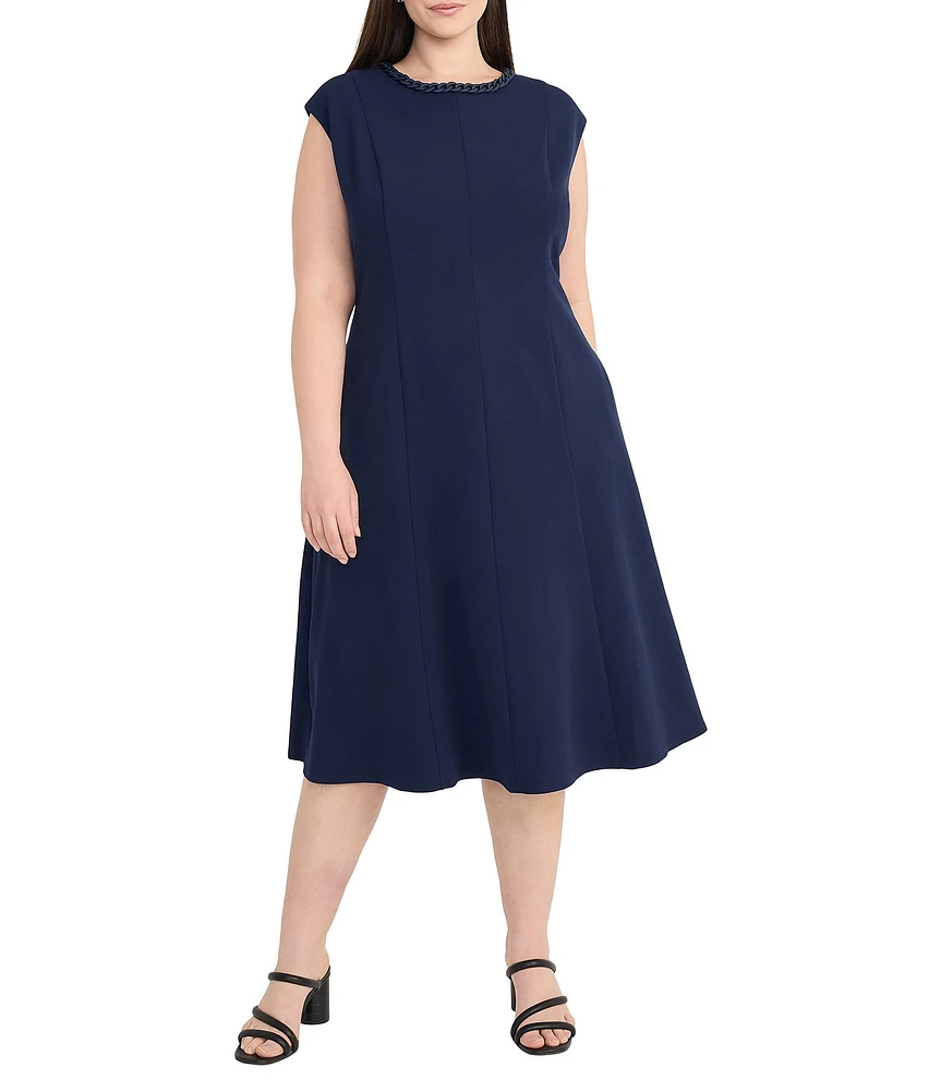Maggy London Plus Size Scuba Crepe Crew Neck Sleeveless A-Line Midi Dress