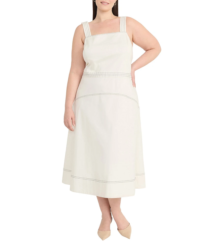 Maggy London Plus Size Square Neck Sleeveless Yoke Skirt Poplin A-Line Midi Dress