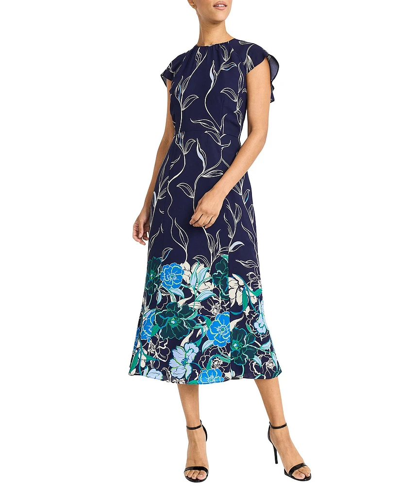 Maggy London Printed Georgette Crew Neck Short Sleeve Back Ruffle A-Line Midi Dress