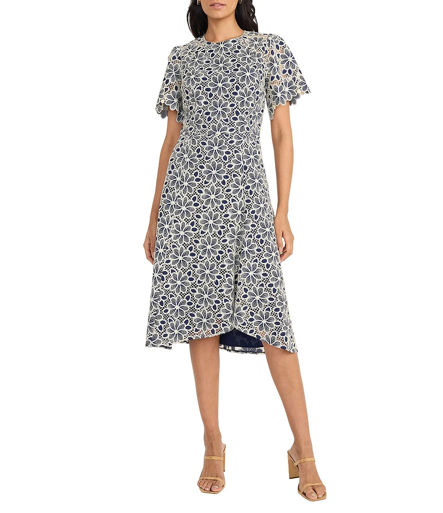 Maggy London Round Neck Flutter Sleeve Floral Lace A-Line Midi Dress