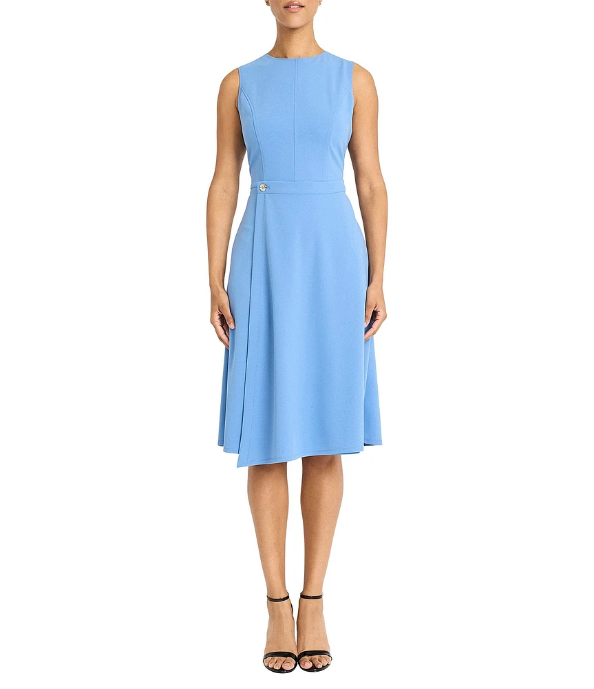 Maggy London Round Neck Sleeveless Crepe Midi Faux Wrap Dress