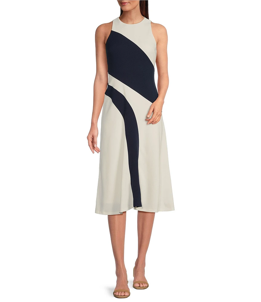Maggy London Scuba Crepe Placement Print Crew Neck Sleeveless Sheath Midi Dress