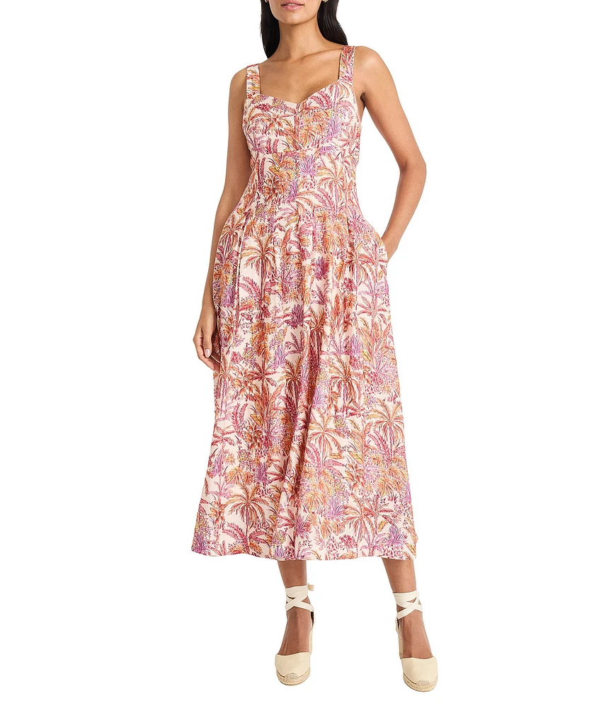 Maggy London Sweetheart Neck Sleeveless Tropical Printed Tricot Drop Waist Midi Dress