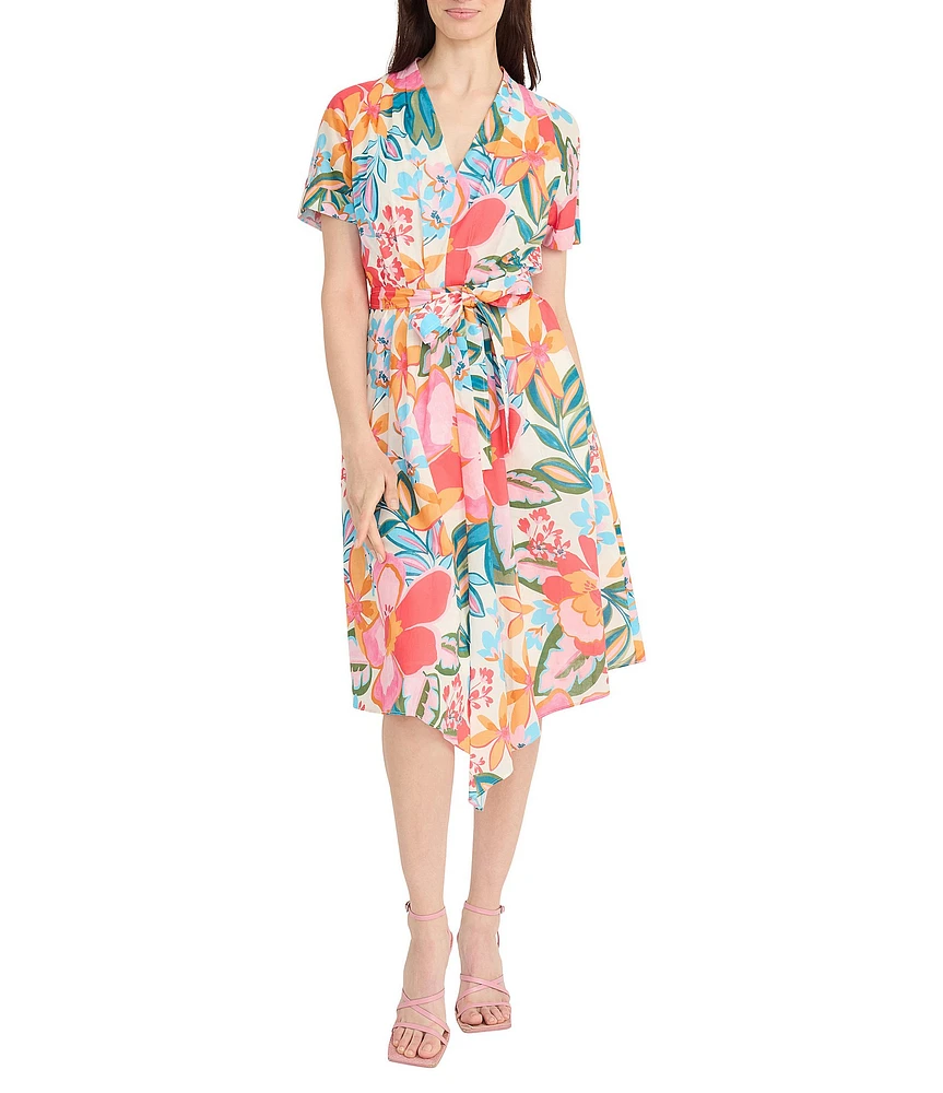 Maggy London V-Neck Short Sleeve Tie Waist Printed Cotton Voile Shirt Midi Dress