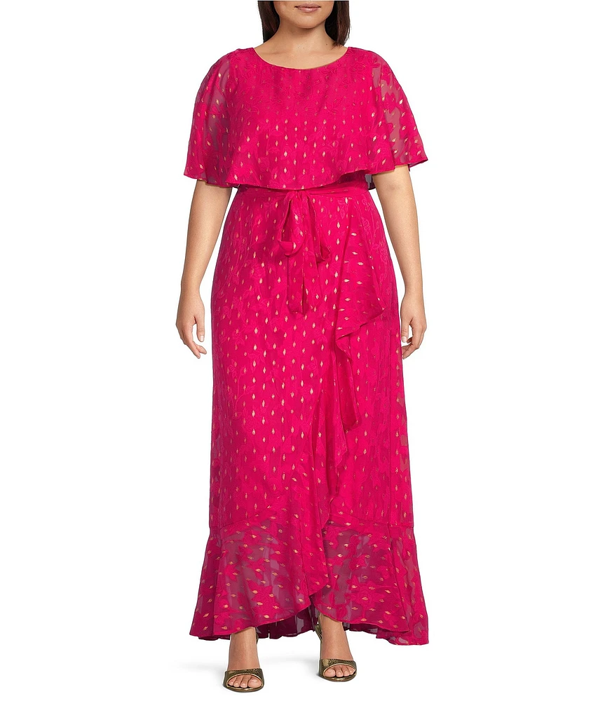 Moda Tara Plus Size Foil Chiffon Short Capelet Sleeve Crew Neck Ruffle Skirt Maxi Dress