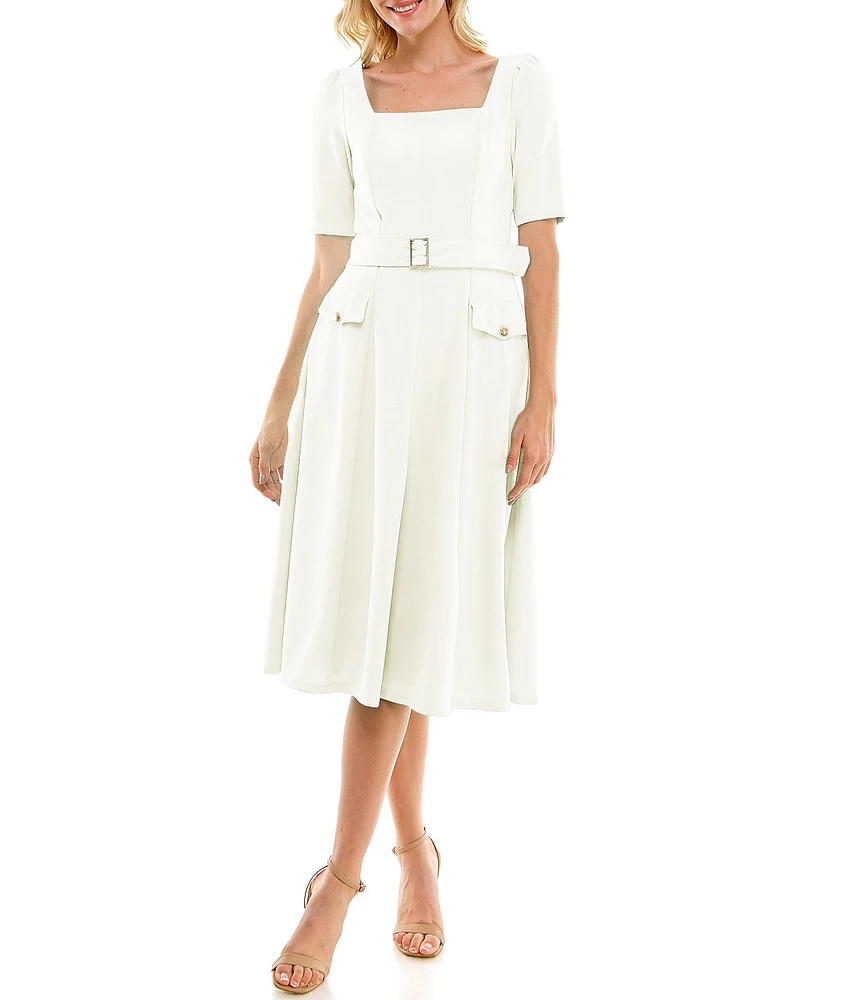 Maison Tara Short Sleeve Square Neck Belted Fit And Flare Midi Dress