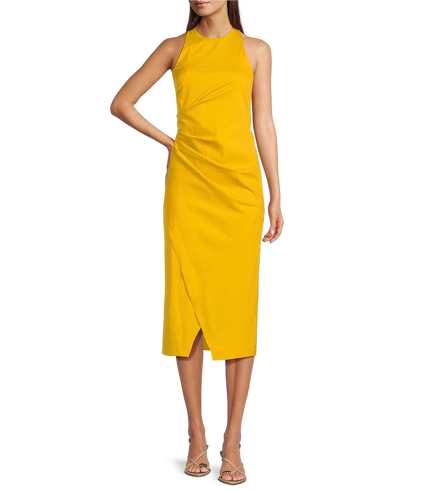 Marella Elegia Stretch Poplin Round Halter Neck Sleeveless Side Pleat Detail Midi Sheath Dress