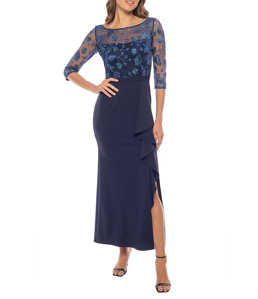 Marina Boat Neck 3/4 Sleeve Embroidered Bodice Sheath Gown