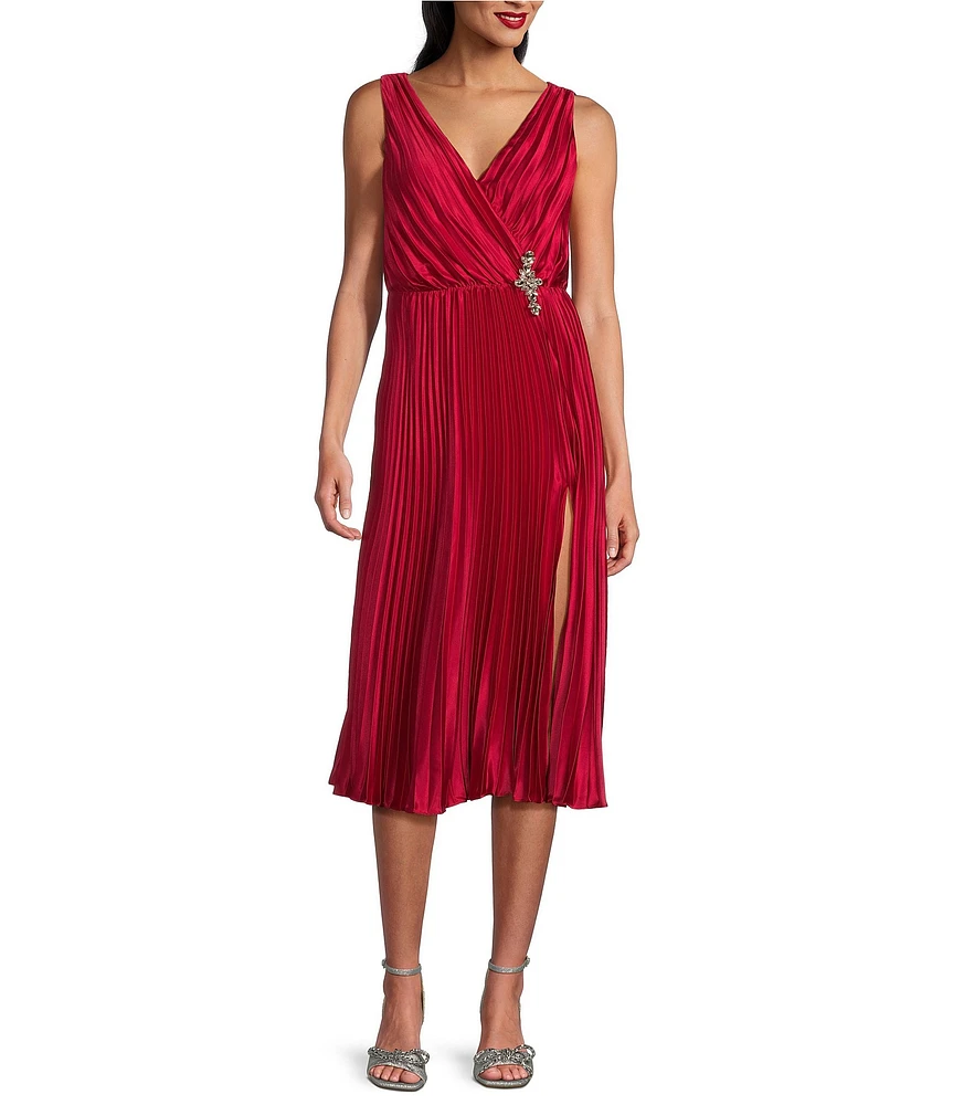 Marina Charmeuse V-Neck Sleeveless Pleated A-Line Midi Dress