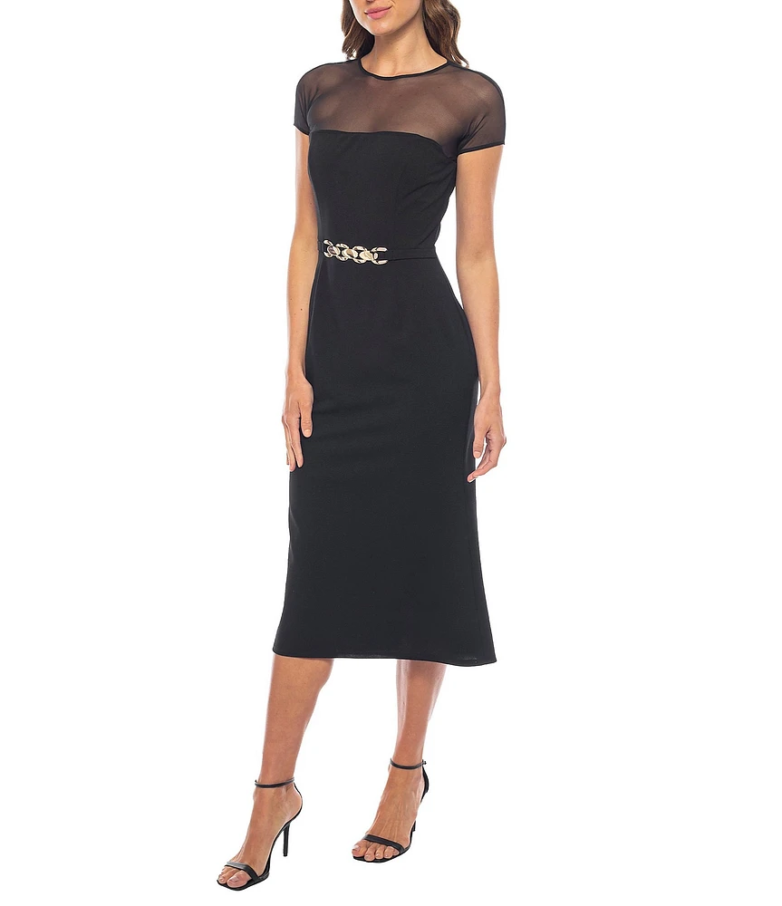 Marina Crew Neck Cap Sleeve Illusion Yoke Belted Scuba Crepe Sheath Midi Dress