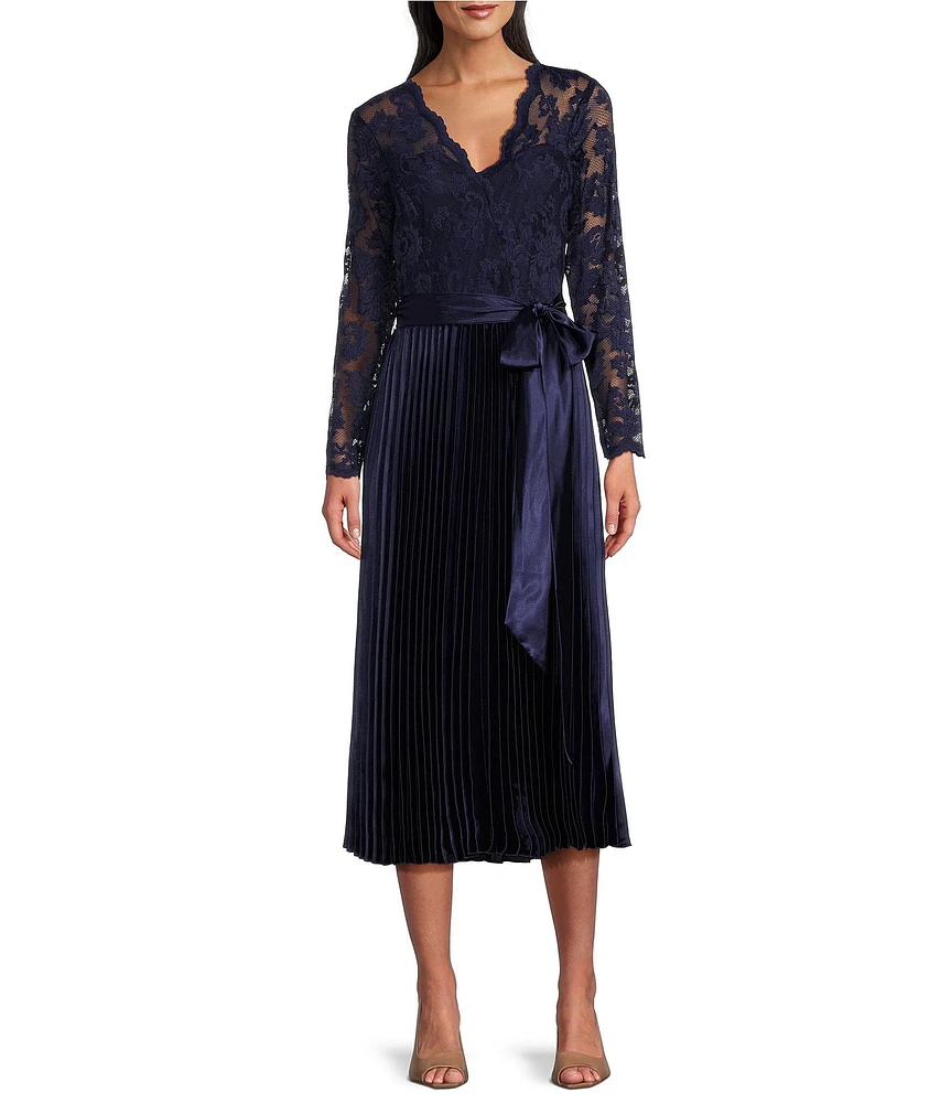 Marina Lace Bodice Surplice V-Neck Long Sleeve Pleated A-Line Midi Dress