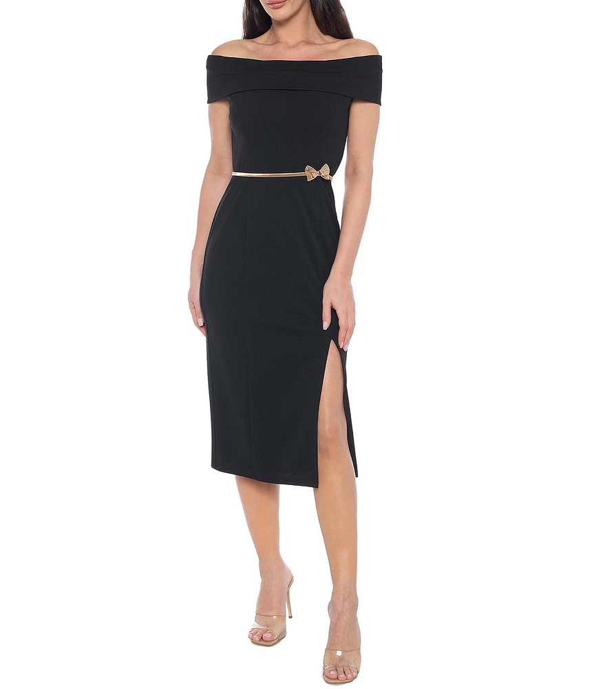 Marina Off-The-Shoulder Belted Sheath Midi Dress