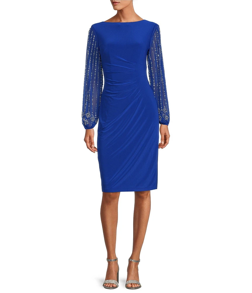 Marina Round Neck Beaded Lace Long Sleeve Side Drape Sheath Dress
