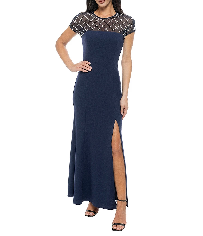 Marina Short Sleeve Beaded Scuba Crepe Sheath Dress