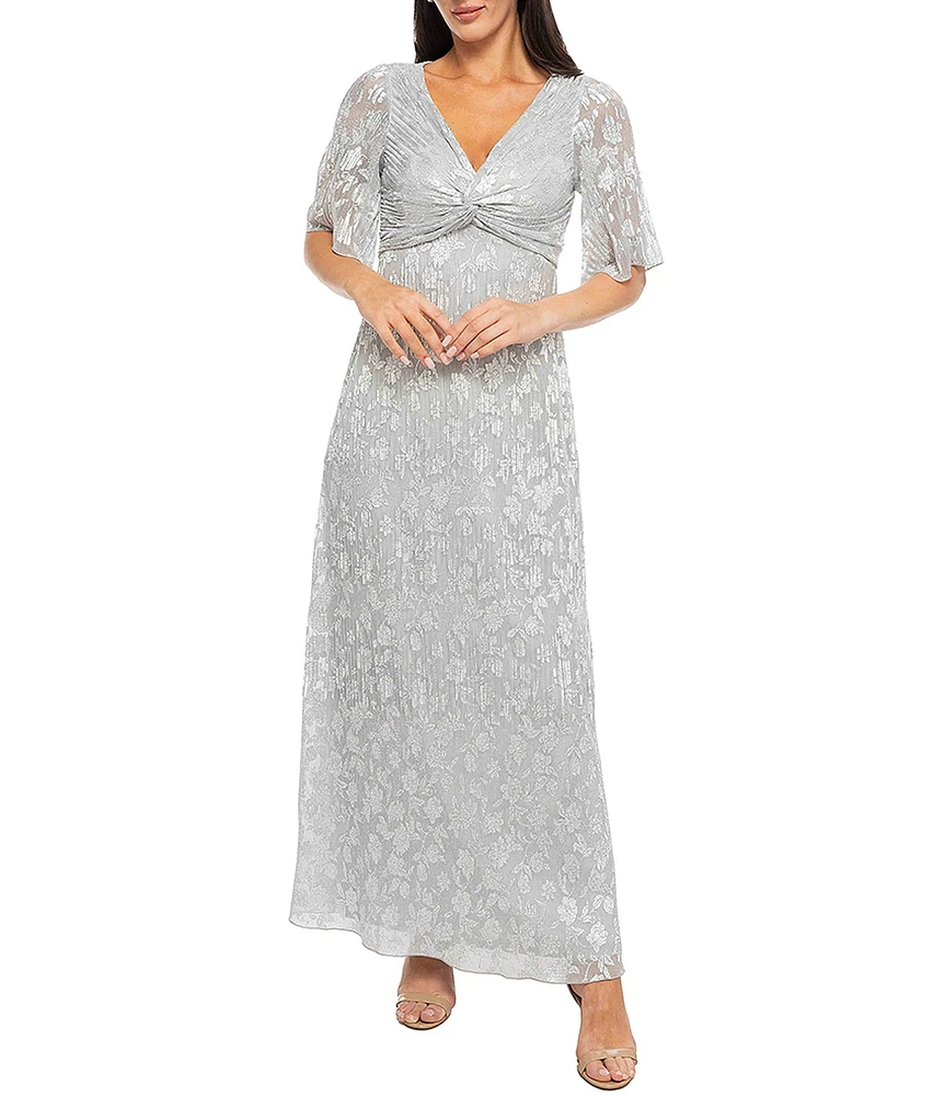 Marina Short Sleeve V-Neck Silver Foil Metallic Dress