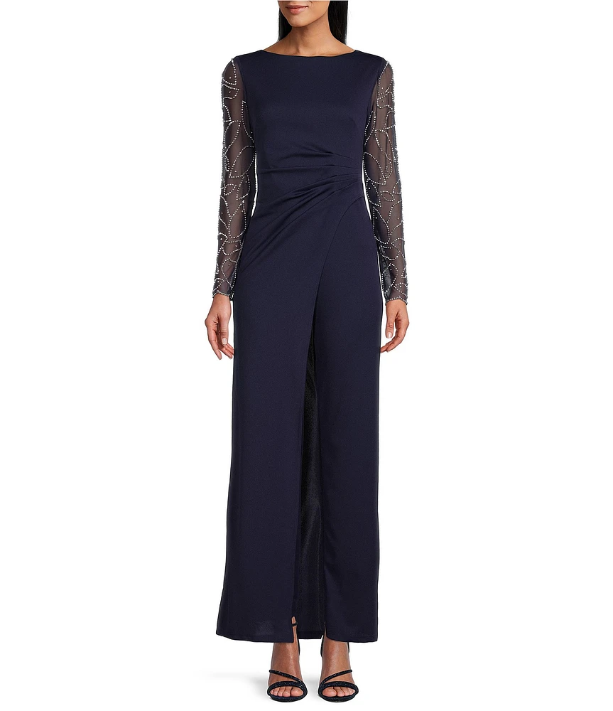 Marina Stretch Crepe Long Beaded Sleeve Round Neck Walk Thru Jumpsuit