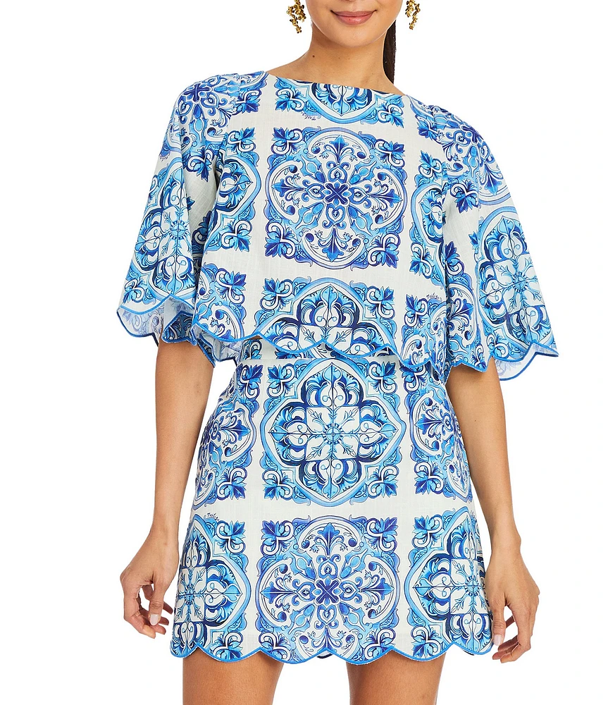 Mestiza New York Charlize Printed Boat Neck Elbow Sleeve Coordinating Scallop Top