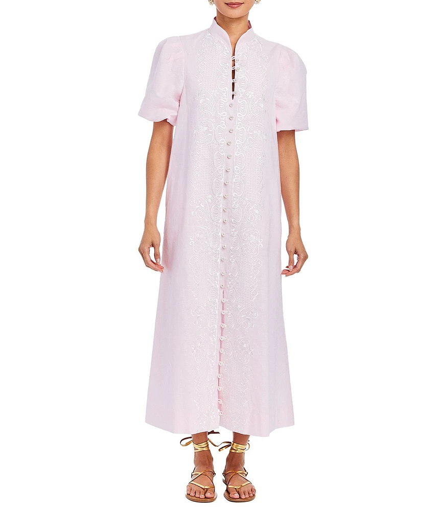 Mestiza New York Elliana Barong Woven Embroidered Mandarin Short Puff Sleeve Midi Dress