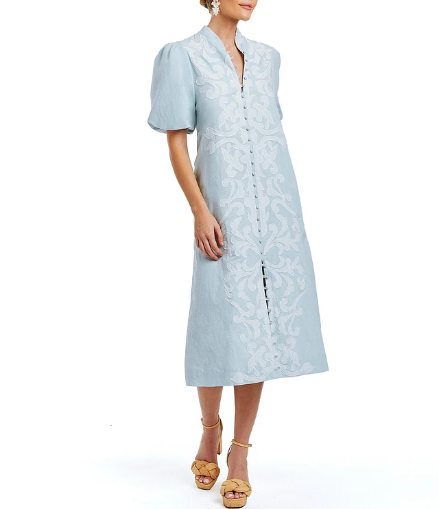 natura appliqu linen-blend midi-dress Floral Appliqu Linen Midi Dress (Women)