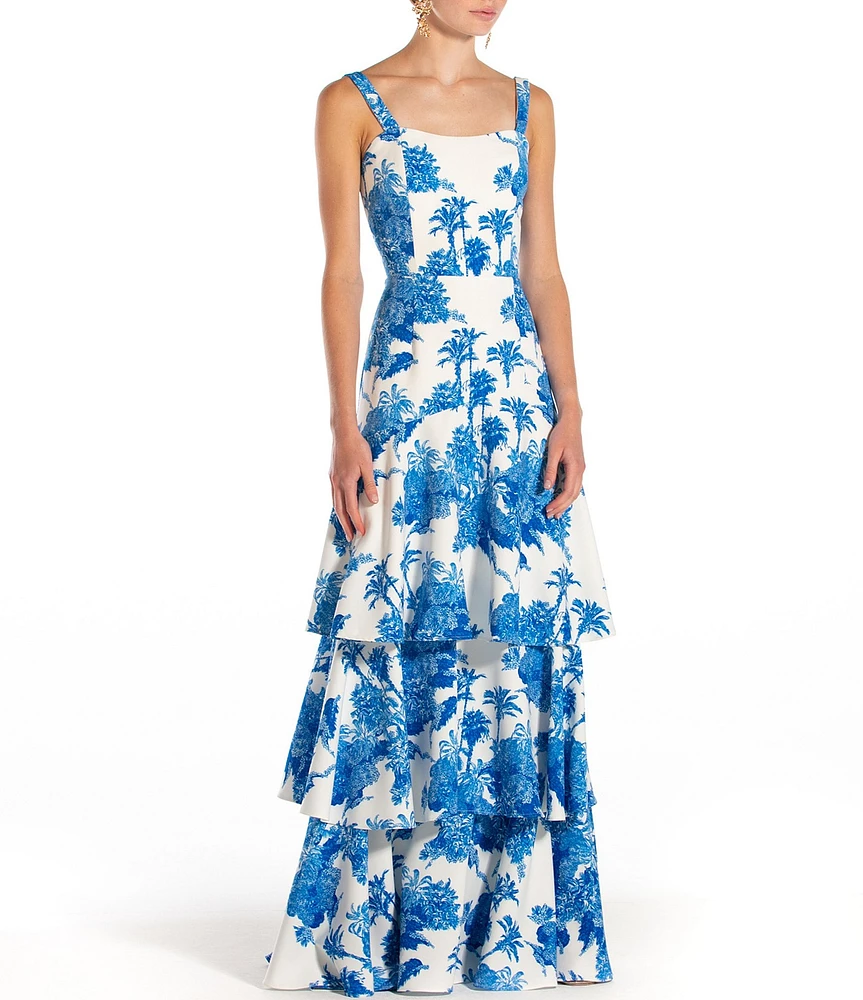 Mestiza New York Torero Tropical Palm Toile Print Square Neck Shoulder Strap Tiered Ruffled Maxi Dress
