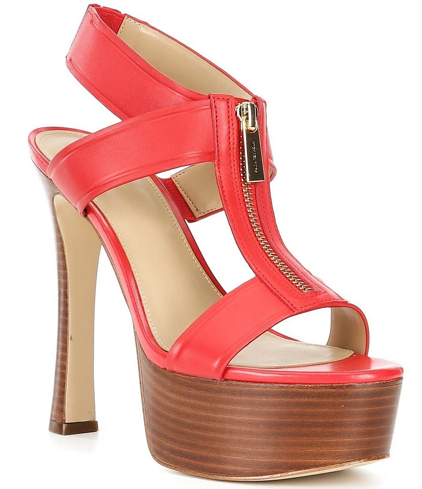 Michael Kors Berkley Leather Zip Hardware Stacked Heel Platform Sandals
