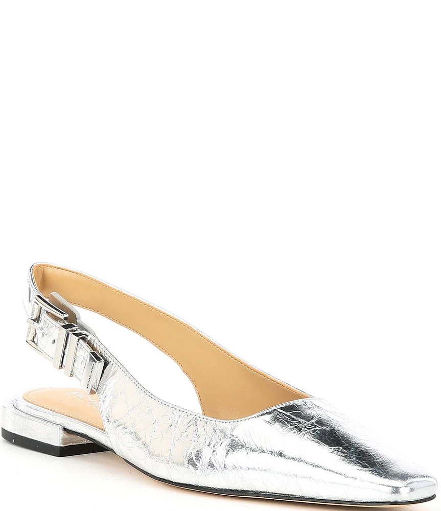 Michael Kors Darrington Crushed Metallic Leather Buckle Hardware Slingback Flats
