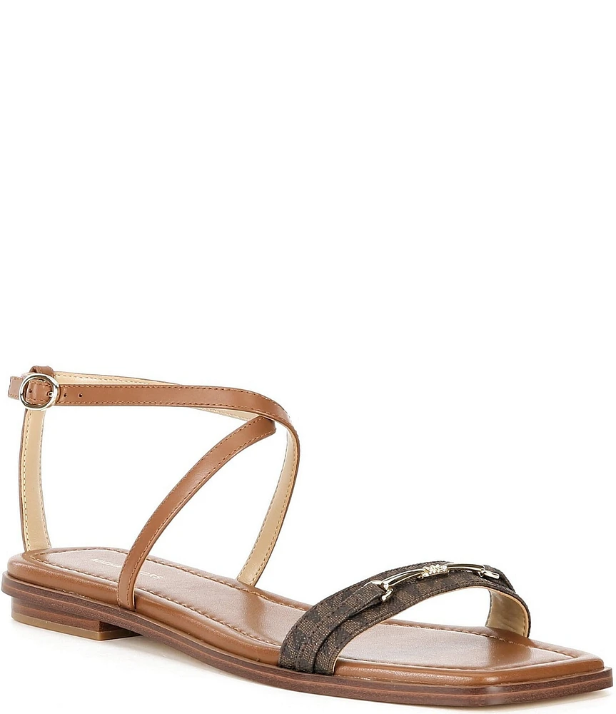 Michael Kors Lena Signature Logo Printed Leather Bit Buckle Flat Sandals