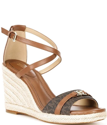 Michael Kors Mandy Logo Leather Ankle Strap Espadrille Wedge Sandals