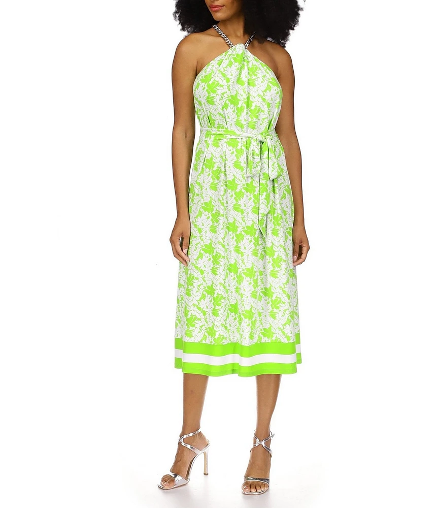 Michael Kors Tropical Palm Print Stretch Matte Jersey Chain Halter Neck Sleeveless Tie Waist A-Line Midi Dress