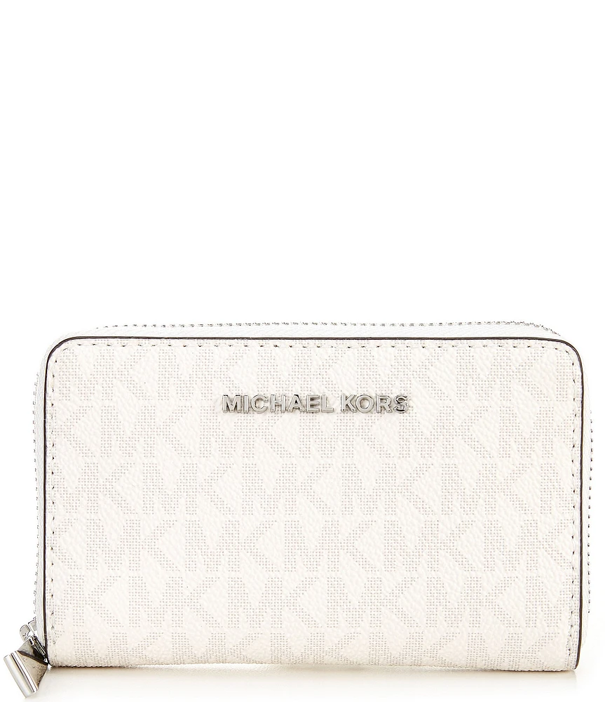 Michael Kors Signature Logo Jet Set Small Silver Tone Zip Around Card Case
