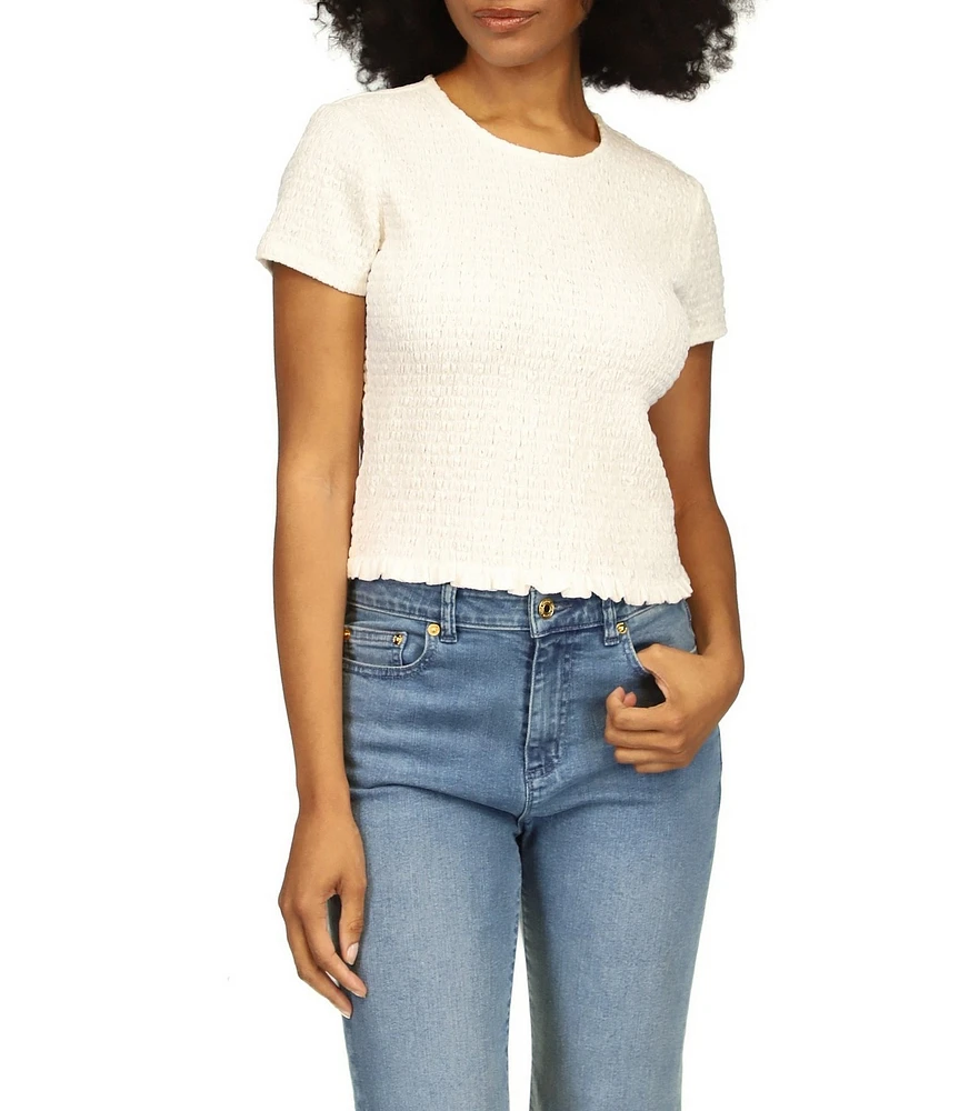 Michael Kors Smocked Crew Neckline Cap Sleeve Cropped Tee Shirt