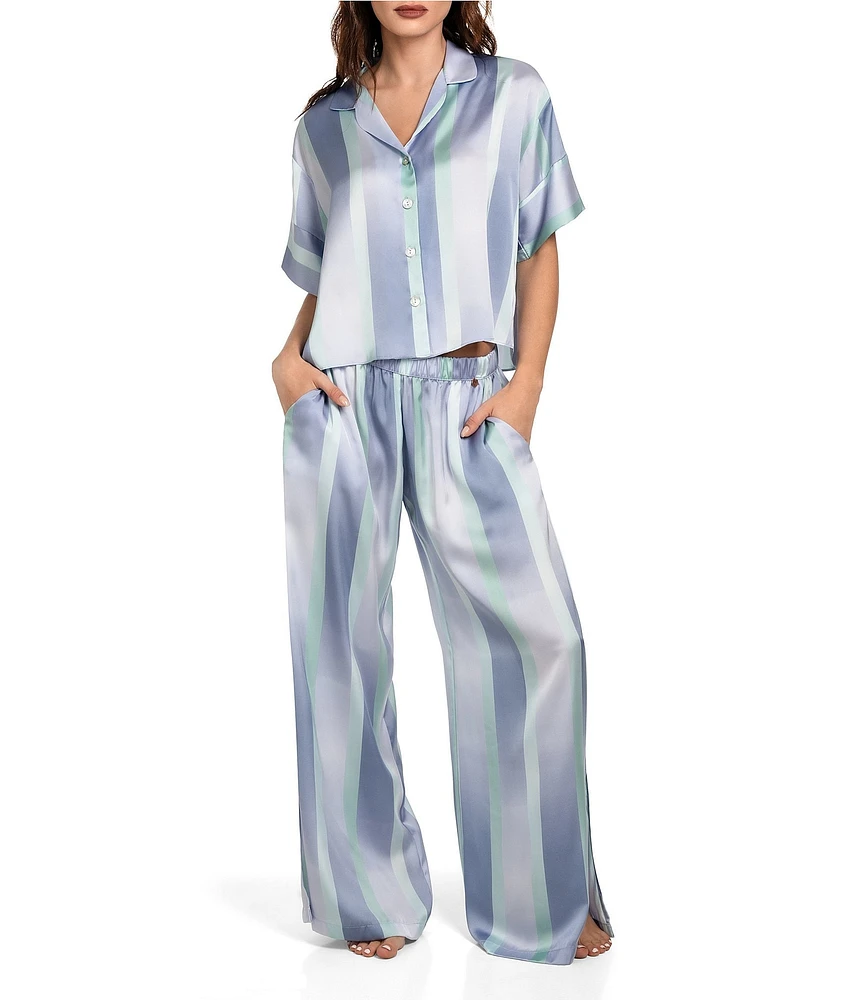 Midnight Bakery Striped Short Sleeve Notch Collar Satin Shirt & Wide-Leg Pant Pajama Set