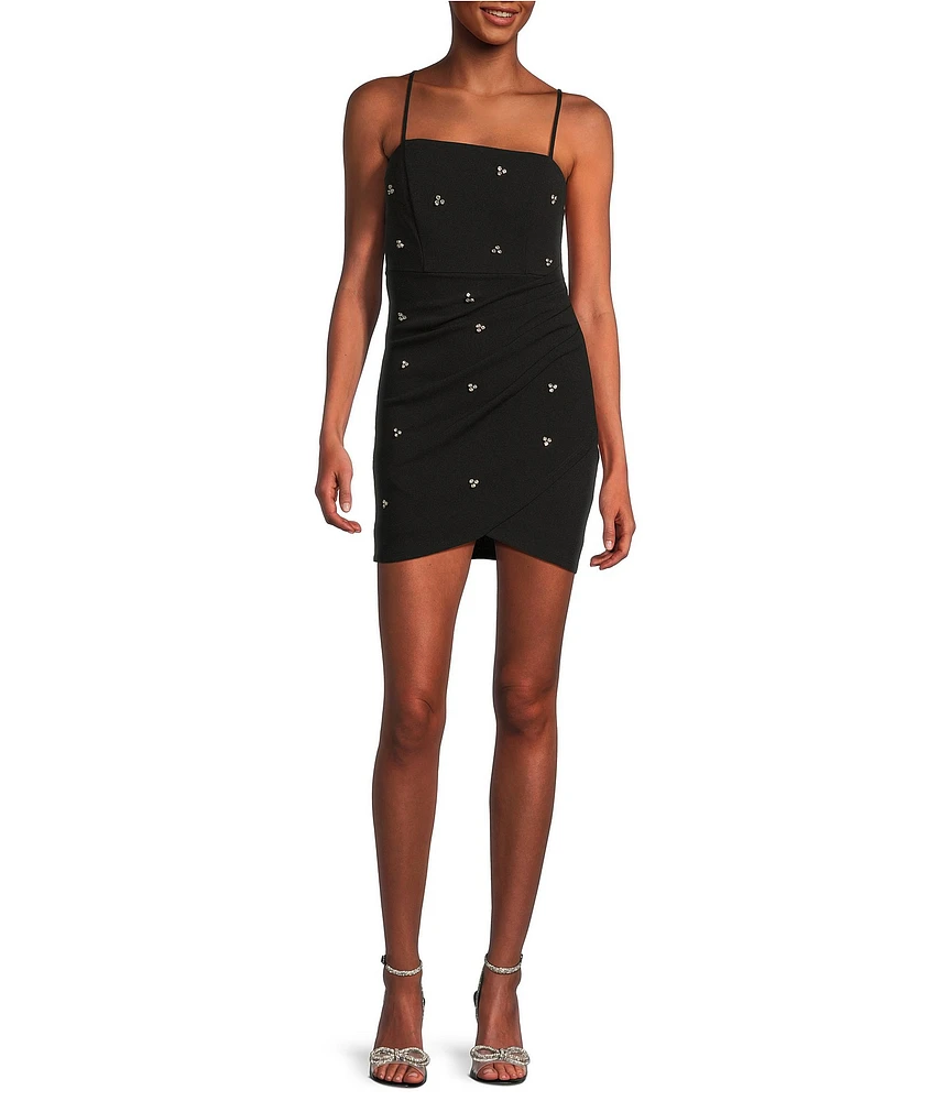 Midnight Doll Crepe Rhinestone Square Neck Spaghetti Strap Faux Wrap Mini Dress