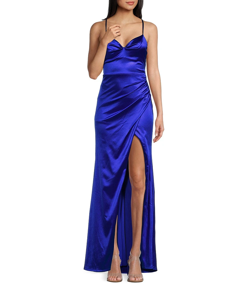 Midnight Doll Crystal Satin V-Neck Spaghetti Strap Side Slit Dress