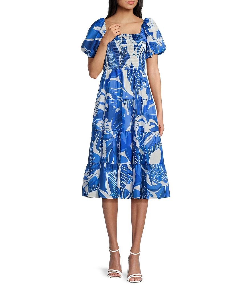 Midnight Doll Floral Print Short Puff Sleeve Smocked Bodice Midi Dress