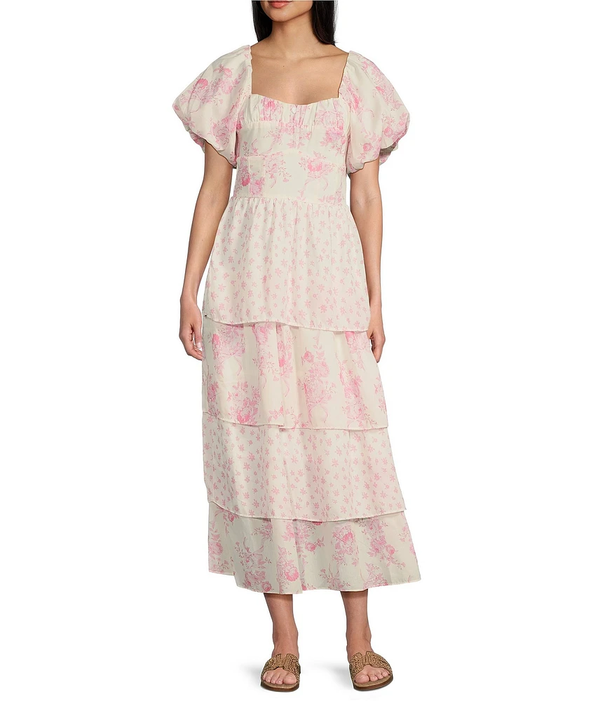 Midnight Doll Floral Print Short Puff Sleeve Tiered Maxi Dress