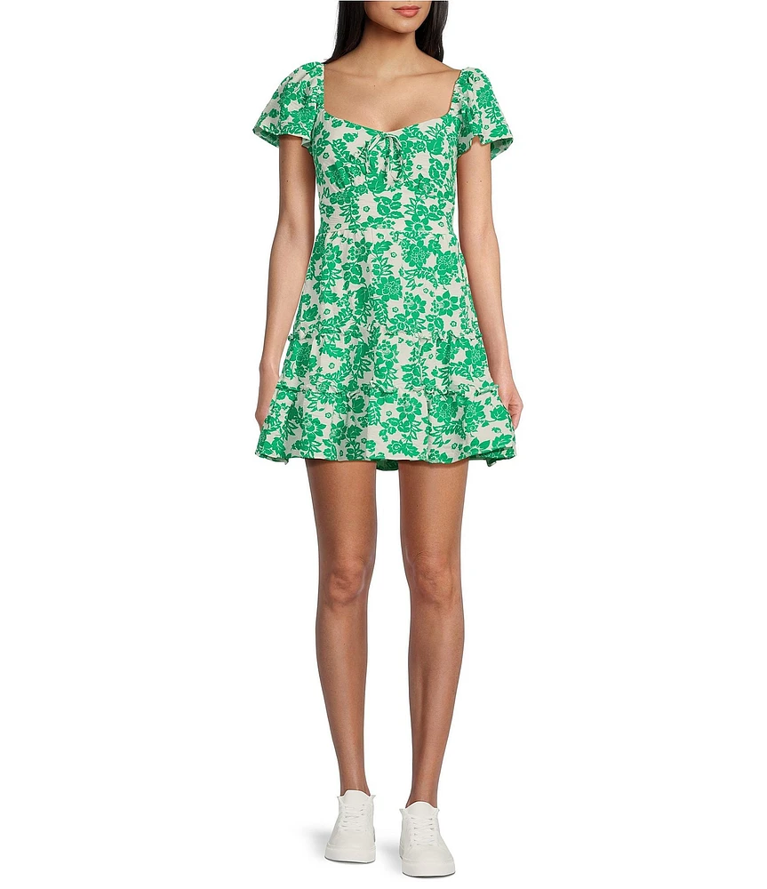 Midnight Doll Floral Print Short Sleeve Smocked Back Fit & Flare Mini Dress