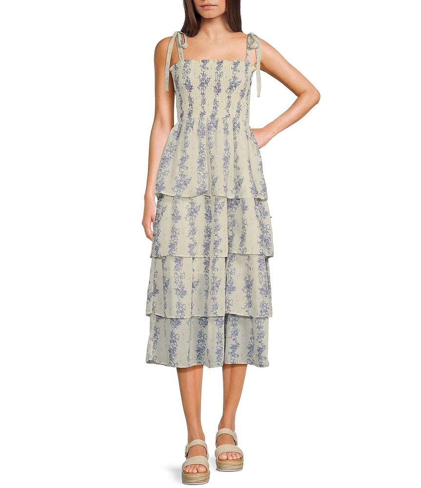 Midnight Doll Floral Print Square Neck Tie Strap Smocked Bodice Tiered Midi Dress