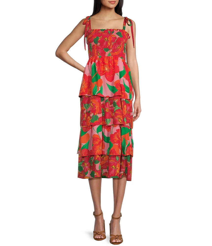 Midnight Doll Floral Print Tie Straps Smocked Bodice Tiered Maxi Dress