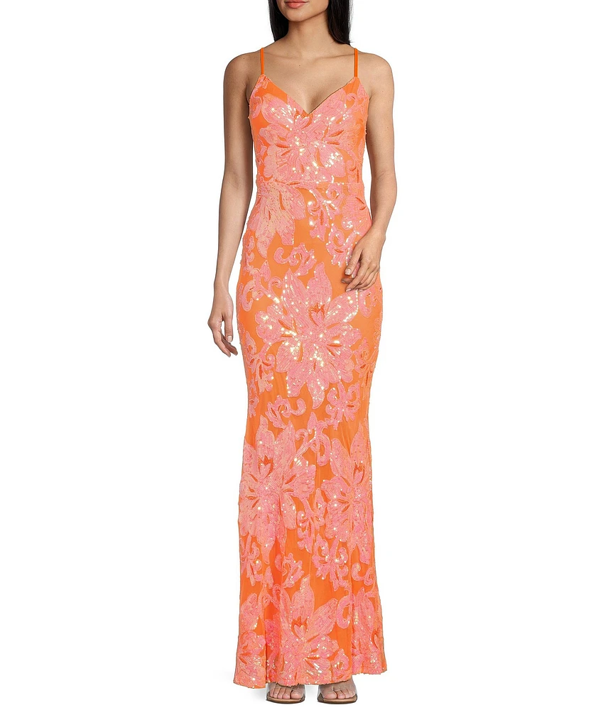 Midnight Doll Floral Sequin Pattern V-Neck Spaghetti Strap Lace Up Back Dress