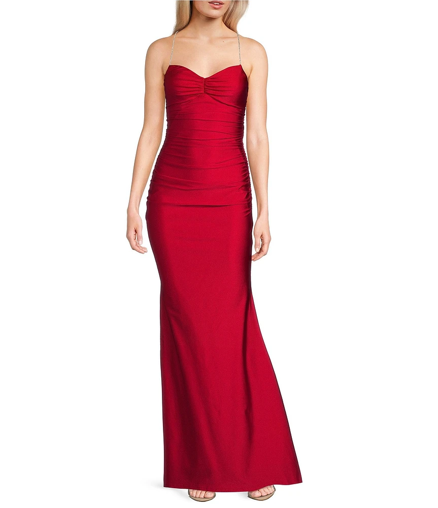 Midnight Doll Jersey Knit Satin V-Neck Sleeveless Rhinestone Strap Lace Up Back Side Slit Dress
