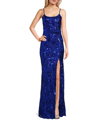 Midnight Doll Patterned Sequin Scoop Neck Spaghetti Strap Side Slit Dress