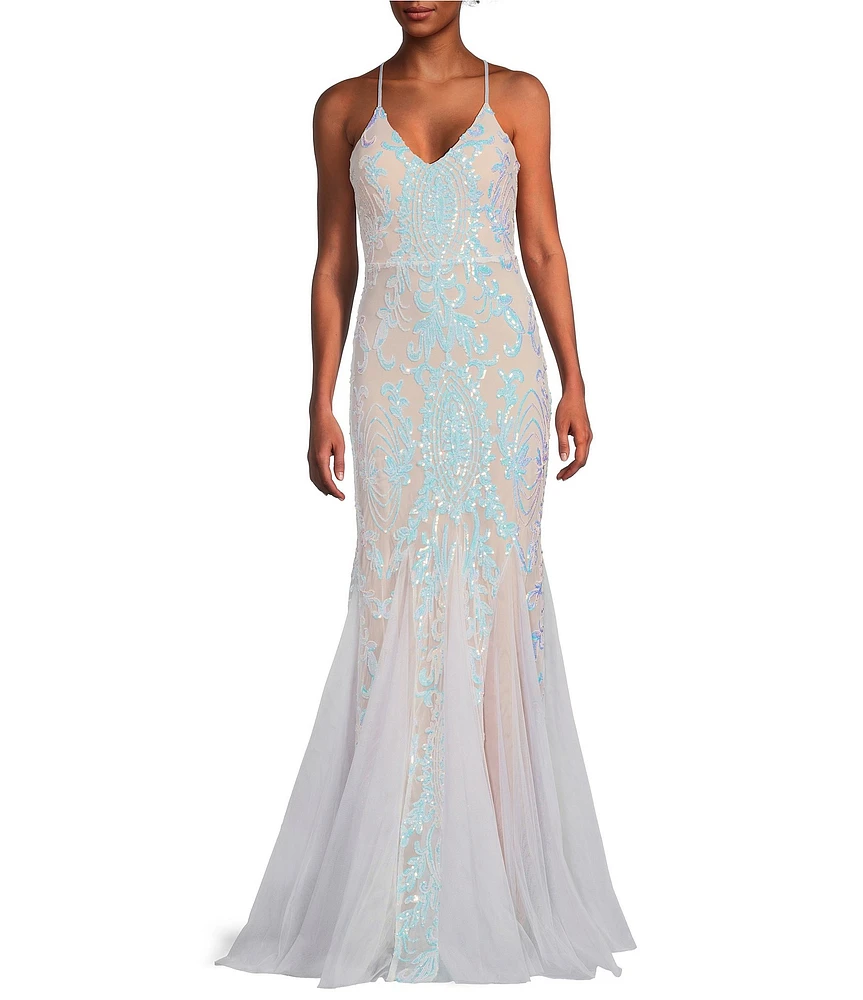 Midnight Doll Placement Iridescent Sequin V-Neck Sleeveless Lace Up Back Godet Dress