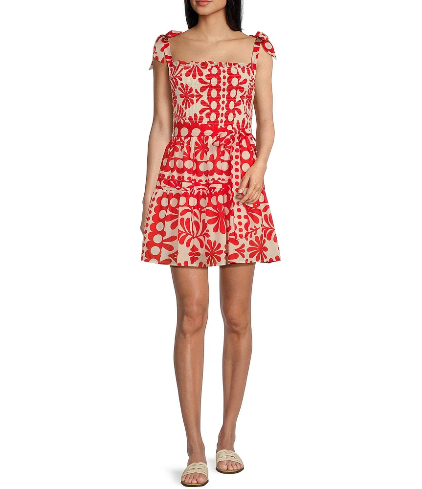 Midnight Doll Printed Square Neck Tie Strap Smocked Bodice Tiered Dress