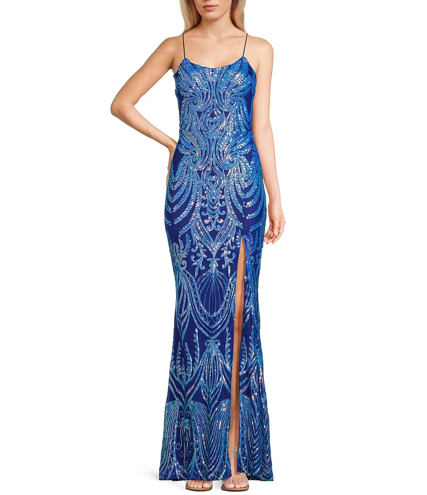 Midnight Doll Sequin Pattern Scoop Neck Spaghetti Strap Side Slit Gown
