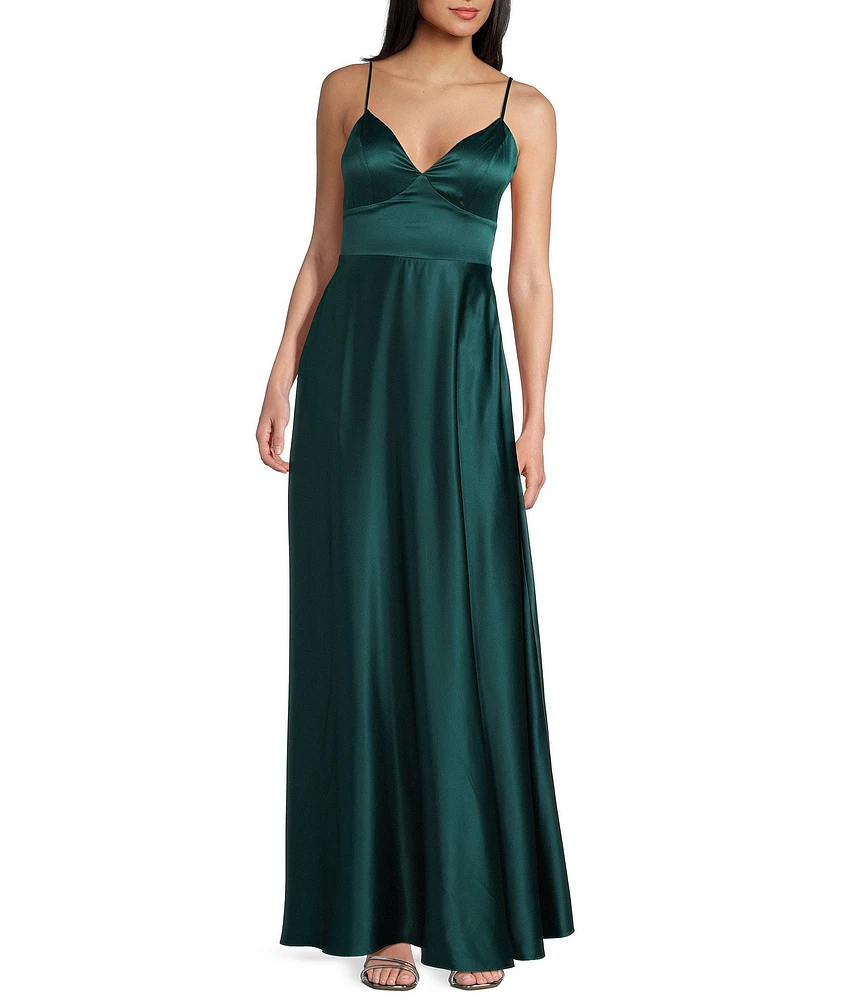 Midnight Doll Sherri Satin V-Neck Spaghetti Strap Tie Back A-Line Gown